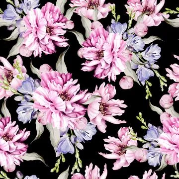 Peony and iris seamless pattern, green leaves. Floral wedding card. watercolo Stock Illustration