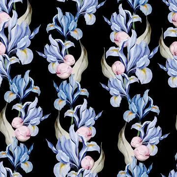 Peony and iris seamless pattern, green leaves. Floral wedding card. watercolo Stock Illustration