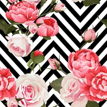 Peony and roses vector seamless pattern floral texture on a black and white Stock Illustration