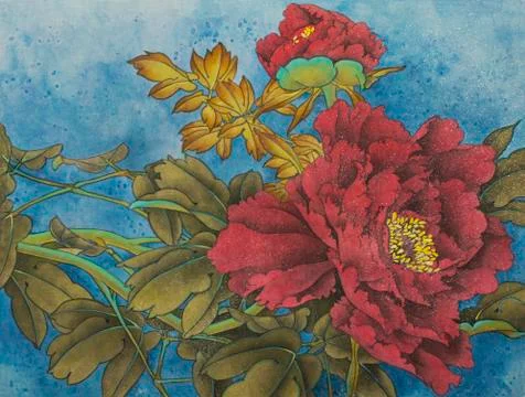 Peony flower on a blue background Stock Illustration