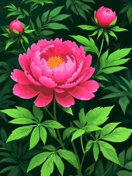 Peony flower in full bloom.  With a background of dark green foliage. Stock Illustration