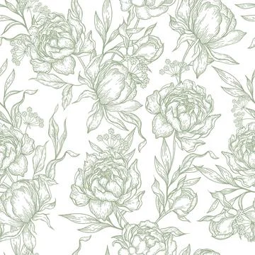 Peony flower seamless pattern drawing. Stock Illustration