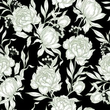 Peony flower seamless pattern drawing. Stock Illustration