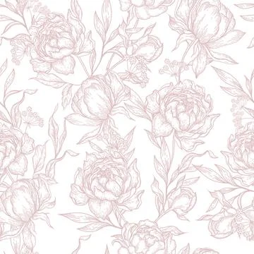 Peony flower seamless pattern drawing. Vector hand drawn engrave Stock Illustration