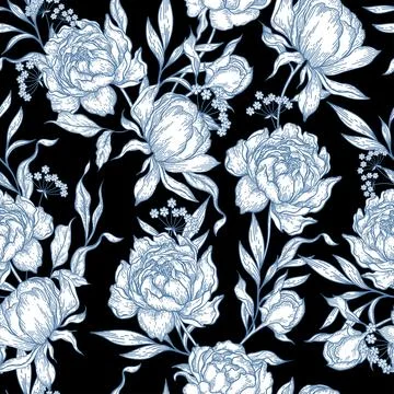 Peony flower seamless pattern drawing. Illustrazione stock