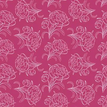 Peony flower seamless pattern in line art style on pink background. Design for Stock Illustration