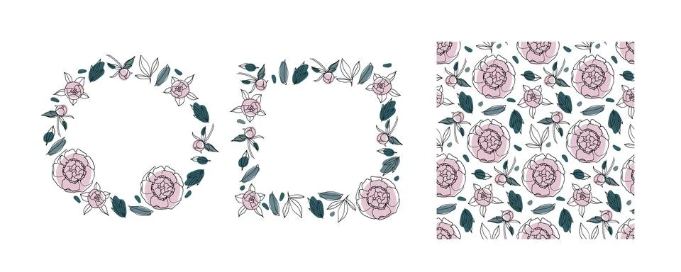 Peony Flower set. Hand drawn square and round frames and seamless pattern in Stock Illustration