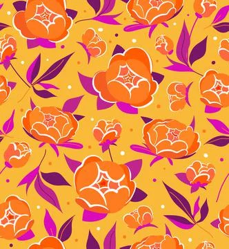 Peony flowers Seamless vector Pattern with leaves in orange and purple color Stock Illustration