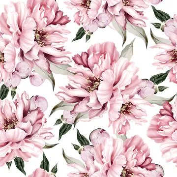 Peony seamless pattern, green leaves. Floral wedding card. watercolor Stock Illustration