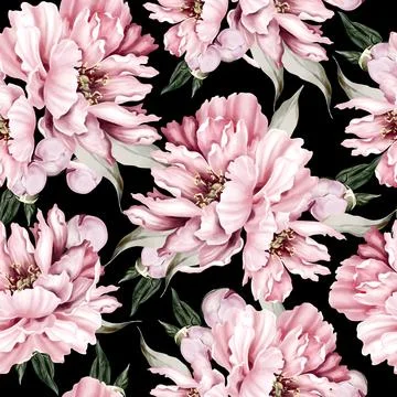 Peony seamless pattern, green leaves. Floral wedding card. watercolor Stock Illustration