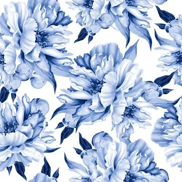 Peony seamless pattern, green leaves. Floral wedding card. watercolor Stock Illustration
