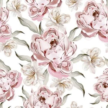 Peony seamless pattern, green leaves. Floral wedding card. watercolor Stock Illustration