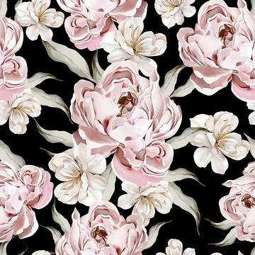 Peony seamless pattern, green leaves. Floral wedding card. watercolor Stock Illustration