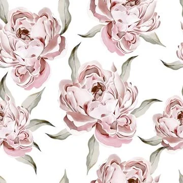 Peony seamless pattern, green leaves. Floral wedding card. Stock Illustration