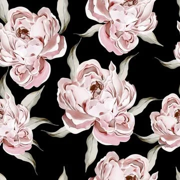 Peony seamless pattern, green leaves. Floral wedding card. Stock Illustration
