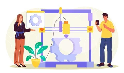 People with 3d printer. Man and woman print volumetric objects. Modern 스톡 일러스트