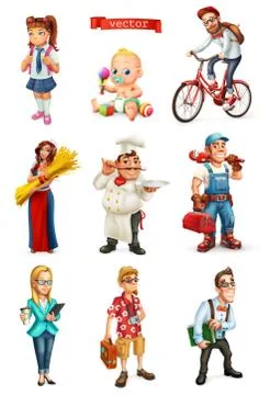 People 3d vector set. Cook, manager, student, tourist, repairman, bicyclist,  Stock Illustration