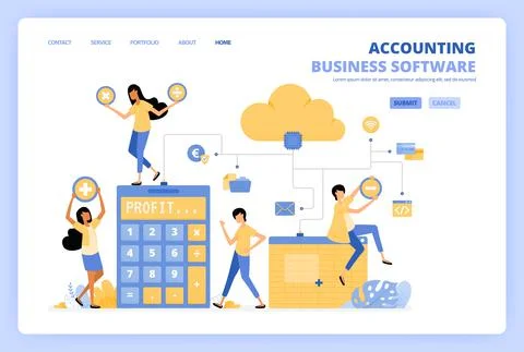 People access cloud accounting software with spreadsheets, risk calculators a Stock Illustration