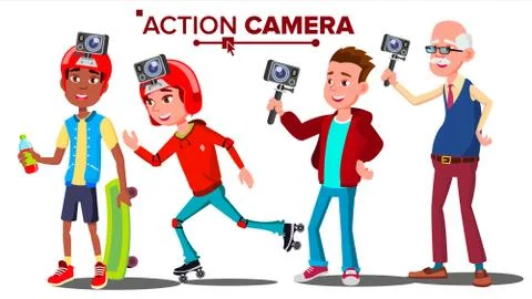 People With Action Camera Set . Self Video, Portrait. Shooting Process. Active Illustrazione stock