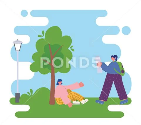 People activities, woman sitting in the meadow park and girl reading map Stock Illustrationen