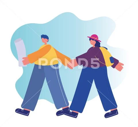 People activities, young couple walking with map and backpack Stock Illustrationen