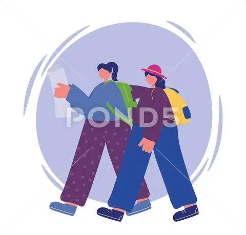 People activities, young women walking with map and backpacks Stock Illustrationen