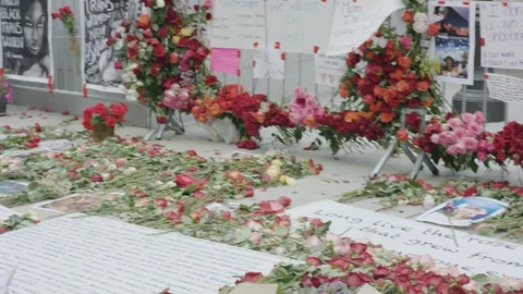 People adding flowers to a memorial, BLM, Hollywood, LA, June 3, 2020 Stock Footage 136222460