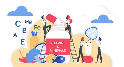 People Adding Vitamins and Minerals to Jar Stock Illustration