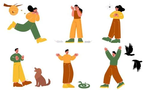 People afraid of spider, dog, mouse, snake, bees Stock Illustration