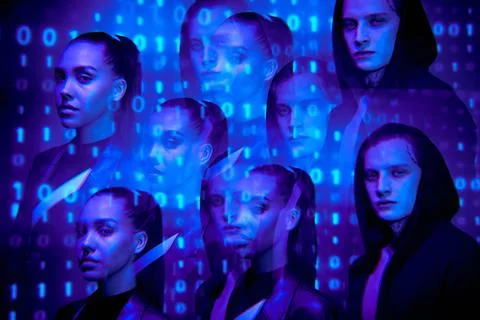 People against binary code background Stockfoto's