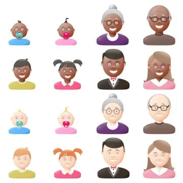 People with age groups, light and dark skin icon set Illustrazione stock