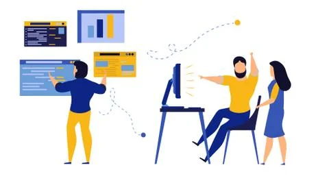 People analysis data commerce. Vector employee man and woman with computer an イラスト素材