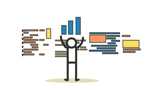 People analysis data commerce. Vector employee man and woman with computer an Stock Illustration