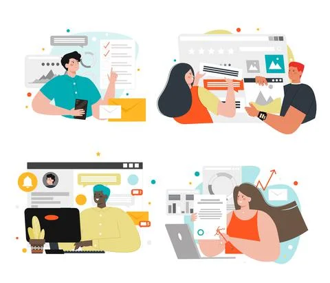 People analyzing different kinds of data, vector isolated illustration. Data Stock Illustration