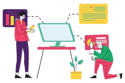 People Analyzing Digital Data and Business Charts Illustration Stock Illustration