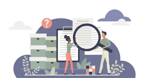 People Analyzing Documents With Magnifying Glass Stock Illustration