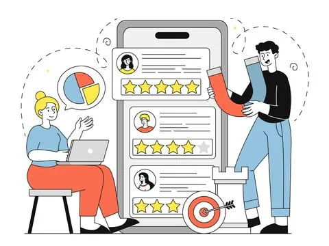 People analyzing feedback. Man and woman with laptop read reviews. Ranking and Stock-Illustration