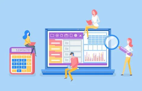People Analyzing Website Data, Infographics Charts Illustrazione stock