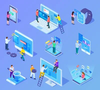 People and app interfaces isometric concept. Users and developers work with 스톡 일러스트