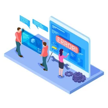 People and app interfaces isometric concept. Developers work with mobile Stock Illustration
