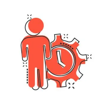 People and clock icon in comic style. Gear with user cartoon vector illustrat Stockillustratie