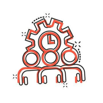 People and clock icon in comic style. Gear with user cartoon vector illustrat Stock Illustration