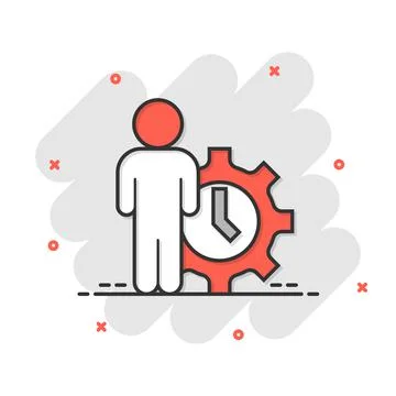 People and clock icon in comic style. Gear with user cartoon vector illustrat Ilustración de archivo
