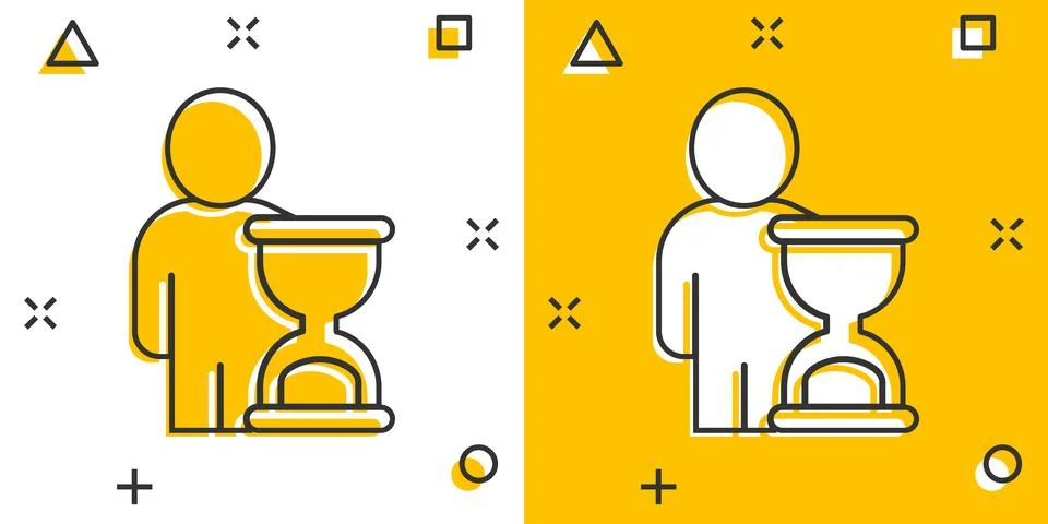 People and clock icon in comic style. User time cartoon vector illustration o Illustrazione stock