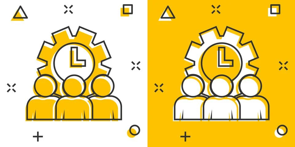 People and clock icon in comic style. Gear with user cartoon vector illustrat Ilustración de archivo