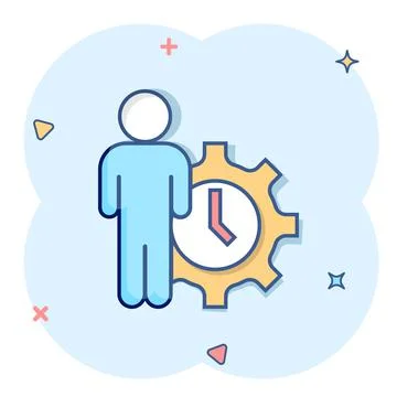 People and clock icon in comic style. Gear with user cartoon vector illustrat Stockillustratie