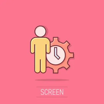 People and clock icon in comic style. Gear with user cartoon vector illustr.. Stock Illustration