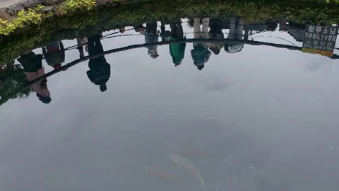 People and cloudy sky reflecting on a Japanese pond Stock Footage 331308416