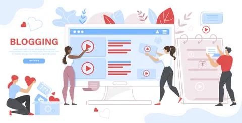 People and Computer with Posts and Video on Screen Stock Illustration