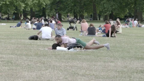 People and Couples Relaxing on Grass in Public Park Stock Footage 344617964